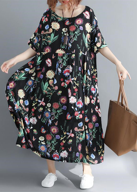 Baggy Maxikleid aus Baumwollmischgewebe mit Blumenmuster, übergroße Kaftane mit O-Ausschnitt, Boutique-Baggy-Kleider