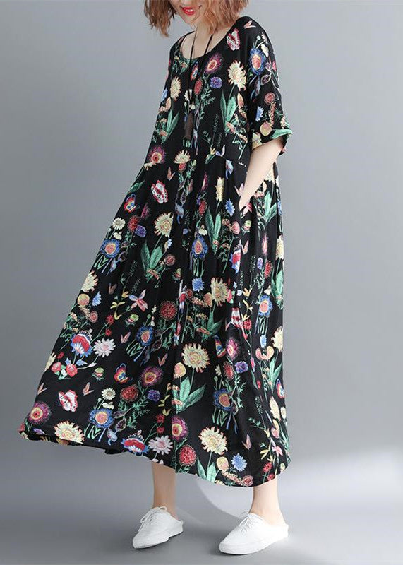 Baggy Maxikleid aus Baumwollmischgewebe mit Blumenmuster, übergroße Kaftane mit O-Ausschnitt, Boutique-Baggy-Kleider