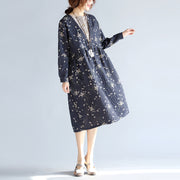 baggy gray blue print cotton linen dress plus size O neck baggy dresses traveling clothing casual long sleeve pockets dresses