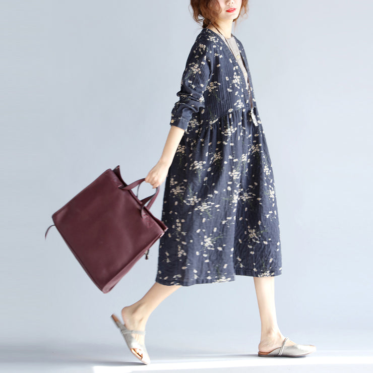 baggy gray blue print cotton linen dress plus size O neck baggy dresses traveling clothing casual long sleeve pockets dresses