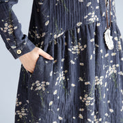 Baggy grau blau bedrucktes Baumwoll-Leinen-Kleid plus Größe Baggy-Kleider mit O-Ausschnitt Reisekleidung lässige Kleider mit langen Ärmeln