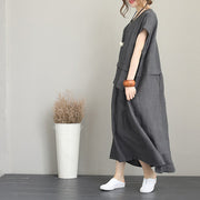 sackartiges graues Maxikleid aus Leinen plus Größenkleidung V-Ausschnitt Leinenkleidung Kleider feines Kleid mit zwei großen Taschen