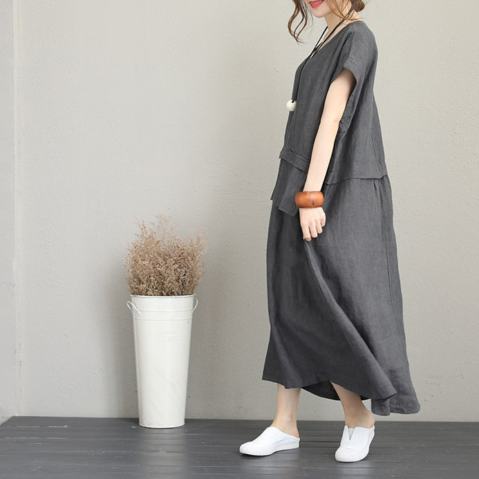 baggy gray linen maxi dress plus size clothing v neck linen clothing dresses fine two big pockets gown