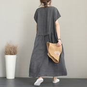 baggy gray linen maxi dress plus size clothing v neck linen clothing dresses fine two big pockets gown
