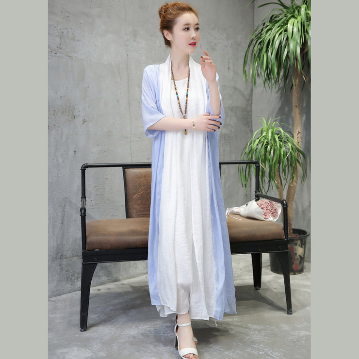 baggy light blue linen dresses plus size clothing Half sleeve cotton dress fine o neck linen clothing dress