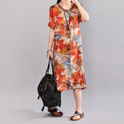 baggy linen summer dress plus size clothing Women Printed Single Breasted Short Sleeve Flax Dress