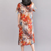 baggy linen summer dress plus size clothing Women Printed Single Breasted Short Sleeve Flax Dress