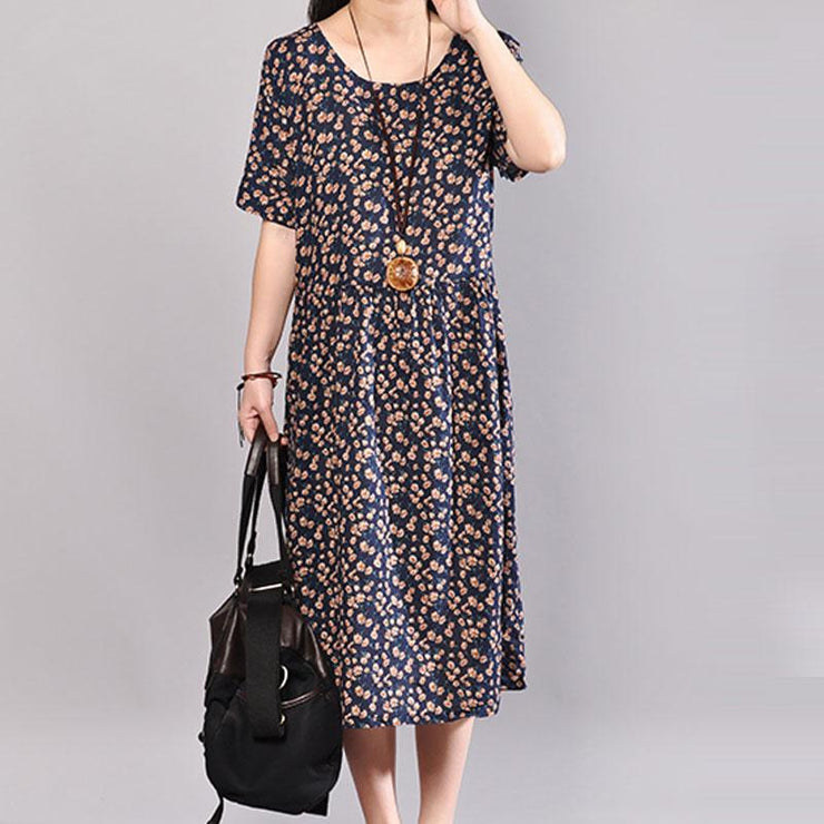 Baggy langes Baumwollkleid, übergroße Kleider mit Blumendruck, Sommerkleid mit Rundhalsausschnitt und kurzen Ärmeln