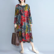 Baggy Multi-Color Natural Linen Dress Plus Size Prints Gown Fine O Neck Caftans