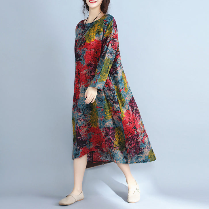 Baggy Multi-Color Natural Linen Dress Plus Size Prints Gown Feine Kaftane mit O-Ausschnitt