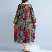 Baggy Multi-Color Natural Linen Dress Plus Size Prints Gown Fine O Neck Caftans