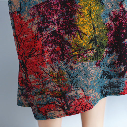 Baggy Multi-Color Natural Linen Dress Plus Size Prints Gown Feine Kaftane mit O-Ausschnitt