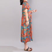 baggy natural cotton dress Loose fitting Short Sleeve Printed Summer Round Neck Dress
