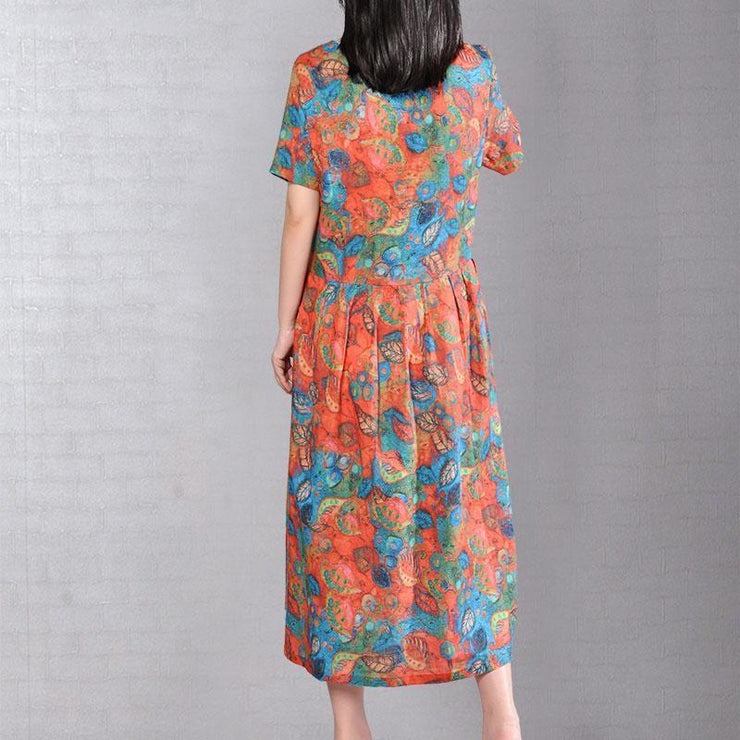 baggy natural cotton dress Loose fitting Short Sleeve Printed Summer Round Neck Dress