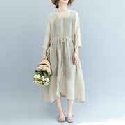 baggy off white Midi linen silk blended dresses Loose fitting casual dress fine tie waist long sleeve o neck baggy dresses