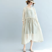 baggy off white Midi linen silk blended dresses Loose fitting casual dress fine tie waist long sleeve o neck baggy dresses