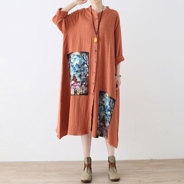Baggy orangefarbenes langes Leinen-Hemdkleid plus Größen-Patchwork-Kleid Feine asymmetrische Leinen-Kaftane