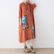 baggy orange long linen shirt dress plus size patchwork gown Fine asymmerrical linen caftans