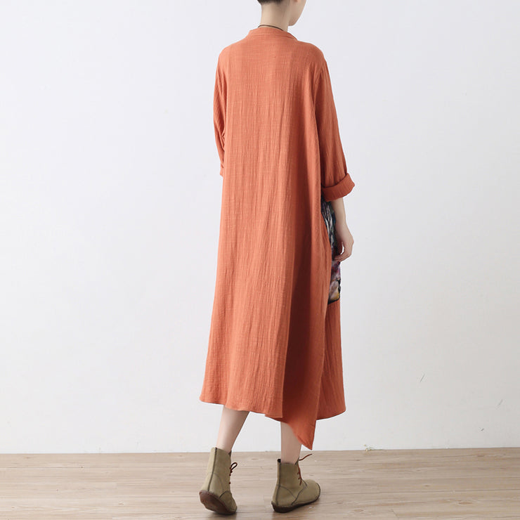 Baggy orangefarbenes langes Leinen-Hemdkleid plus Größen-Patchwork-Kleid Feine asymmetrische Leinen-Kaftane