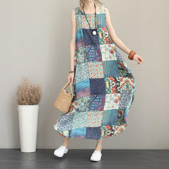 baggy patchwork prints linen dresses Loose fitting sleeveless traveling clothing casual big hem linen caftans