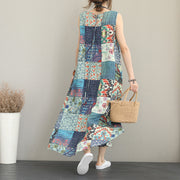 baggy patchwork prints linen dresses Loose fitting sleeveless traveling clothing casual big hem linen caftans