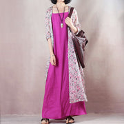 Baggy Pink Print Leinenkleider plus Größe V-Ausschnitt seitlich offen Reisekleidung feine Halbarm-Leinenkaftane