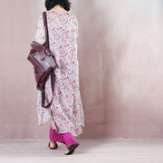 baggy pink print linen dresses plus size v neck side open traveling clothing fine half sleeve linen caftans