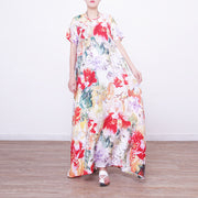 baggy prints long linen dresses casual oversized o neck linen gown boutique Chinese Button long dresses