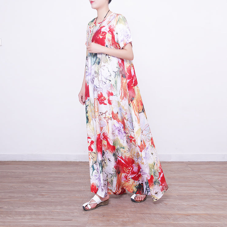 baggy prints lange leinenkleider lässige übergroße leinenkleider mit o-ausschnitt boutique chinesische lange kleider mit knöpfen