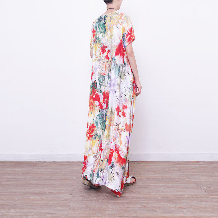 baggy prints long linen dresses casual oversized o neck linen gown boutique Chinese Button long dresses