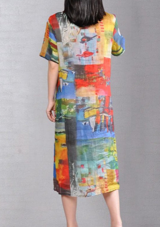 baggy pure linen dresses Loose fitting Printed Single Breasted Short Sleeve Flax Dress