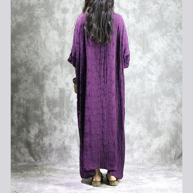 baggy purple linen dresses casual v neck baggy gown boutique pockets Jacquard autumn dress