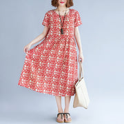 baggy red cotton linen dresses Loose fitting short sleeve print baggy dresses maxi dress 2018 o neck traveling dress