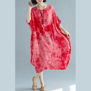 baggy red linen dresses oversize O neck floral linen gown Elegant short sleeve baggy dresses linen caftans