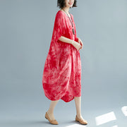 baggy red linen dresses oversize O neck floral linen gown Elegant short sleeve baggy dresses linen caftans