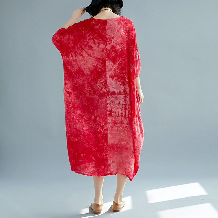 Baggy Red Leinenkleider Oversize O-Ausschnitt Leinenkleid mit Blumenmuster Elegante Kurzarm-Baggy-Kleider Leinenkaftane
