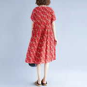 baggy red print cotton linen dresses plus size clothing short sleeve dresses boutique o neck baggy dresses
