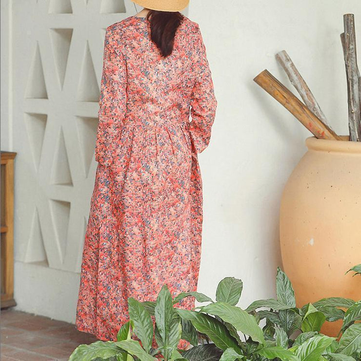 baggy red print linen dress plus size clothing holiday dresses vintage long sleeve baggy dresses O neck midi dress