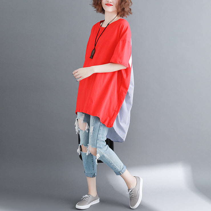 baggy red pure linen cotton blouse casual shirts boutique o neck striped Batwing Sleeve cotton clothing
