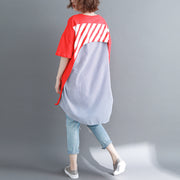 baggy red pure linen cotton blouse casual shirts boutique o neck striped Batwing Sleeve cotton clothing