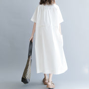 Baggy White Cotton Blended Dress Oversize Freizeitkleid Vintage Kurzarm Taschen Umlegekragen Baggy Kleider Cotton Blended Clothing Kleider