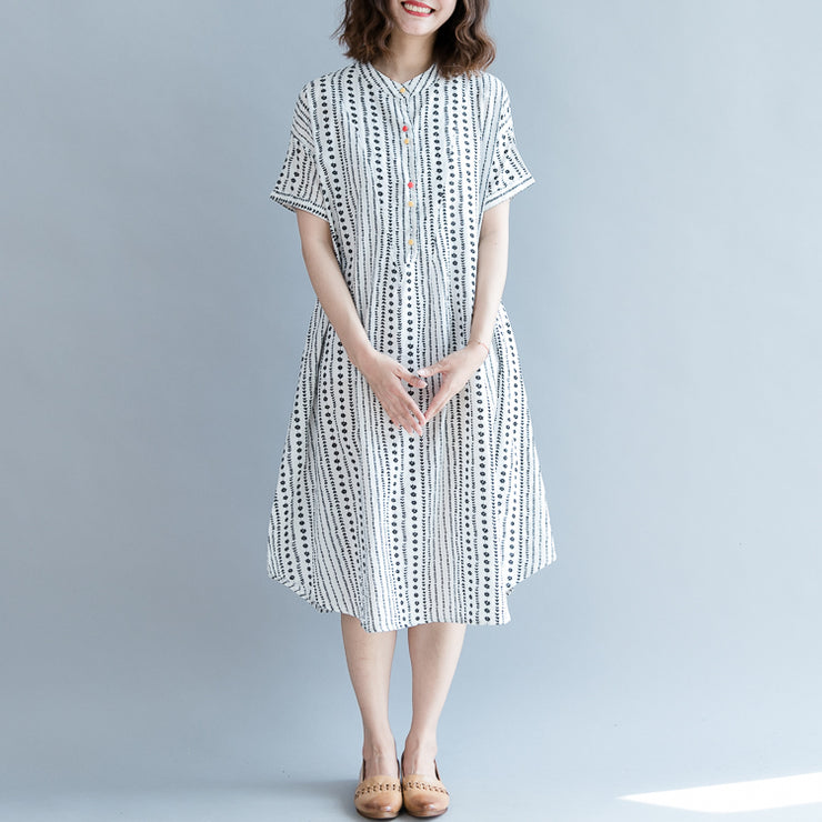 baggy white floral chiffon shift dress oversized casual dress New short sleeve pockets Stand baggy dresses