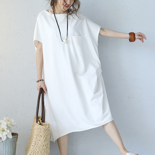 weites weißes Kleid aus natürlicher Baumwolle übergroßes Baumwollkleidungskleid lässige Kurzarm-O-Ausschnitt-Baumwollkleider