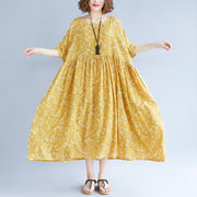 baggy yellow cotton linen dresses plus size print short sleeve long dresses fine o neck baggy dresses linen clothing dress