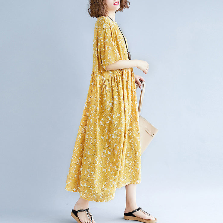 baggy yellow cotton linen dresses plus size print short sleeve long dresses fine o neck baggy dresses linen clothing dress