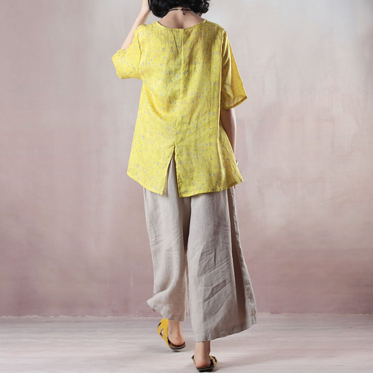 baggy yellow print natural linen t shirt Loose fitting traveling clothing casual short sleeve o neck back side open natural linen pullover