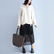 beige-weißer dicker Baumwollpullover Oberbekleidung plus Größe lässige kurze Strickjacken mit V-Ausschnitt