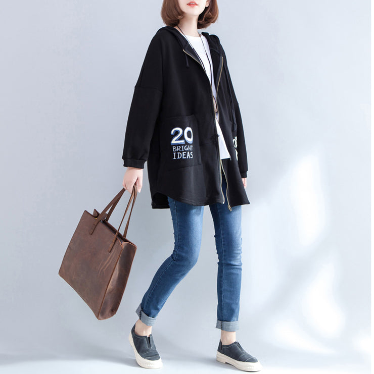 black autumn hooded cotton coats plus size casual zippered casaul cardigans outwear
