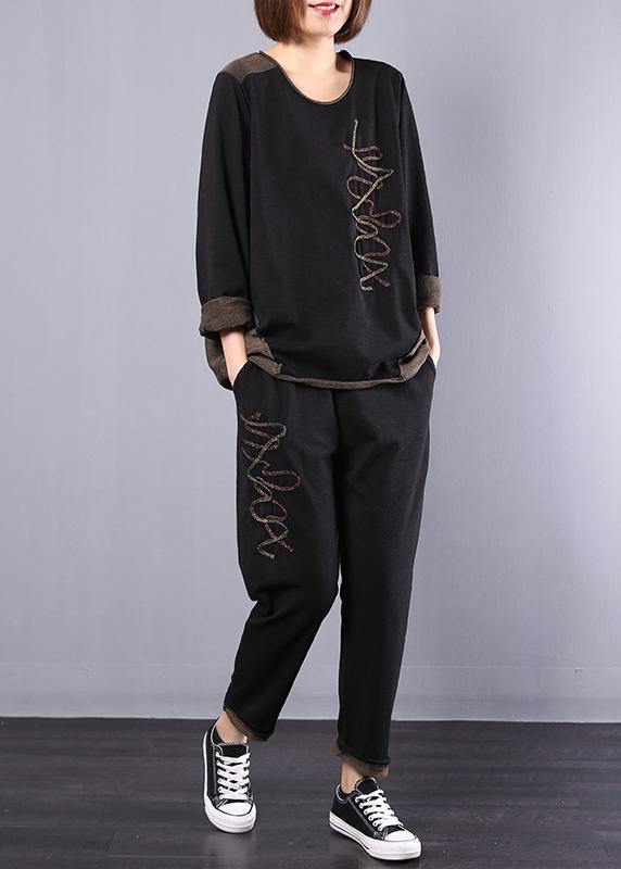 black autumn vintage patchwork tops and casual harem pants two pieces - SooLinen