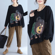 black cartoon decorated casual t shirt plus size long sleeve pullover